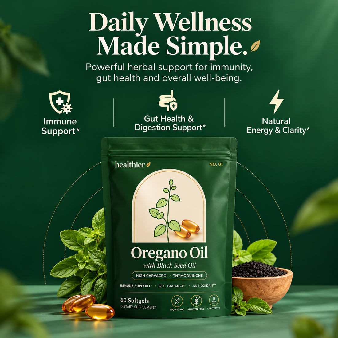 Healthier Oregano Oil with Black Seed Oil – 60 Softgels